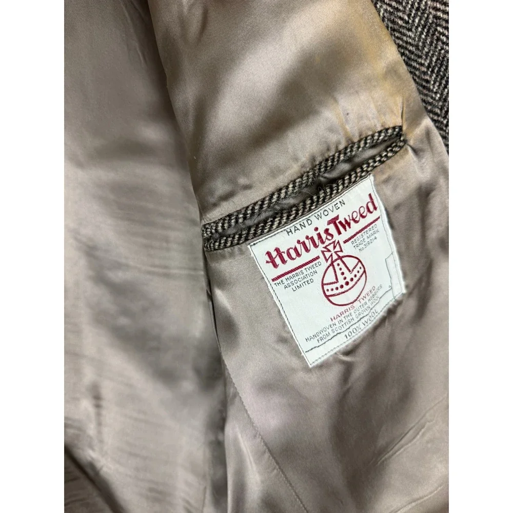 Vintage Bespoke Harris Tweed Herringbone Wool Blazer Sport Coat Brown 42R